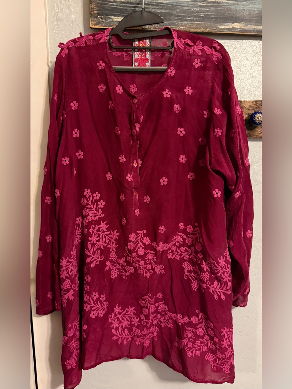 Johnny Was Magenta Tunic with Pink Floral Embroidery